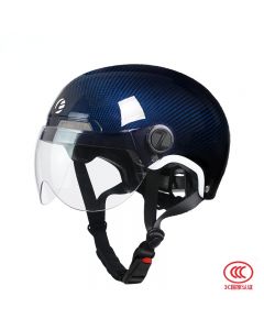 ESSEN 碳纤维头盔成人电动车3C认证夏季男女士摩托安全帽哈雷半盔-Blue