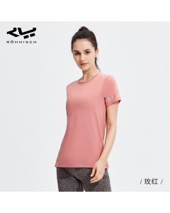 Rohnisch运动T恤女夏2021训练透气短袖跑步健身休闲修身快干上衣-Pink-S