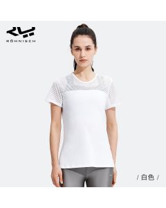 Rohnisch运动T恤女夏训练镂空透气短袖跑步健身修身网纱快干上衣-White-XS