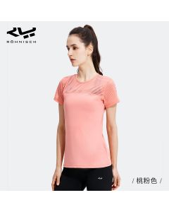 Rohnisch运动T恤女夏训练镂空透气短袖跑步健身修身网纱快干上衣-Pink-XS